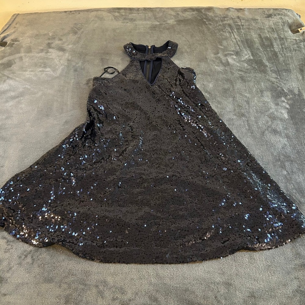 Lulus Sequin Party Dress Halter Neck Sleeveless‎ Mini Black Blue Womens Large